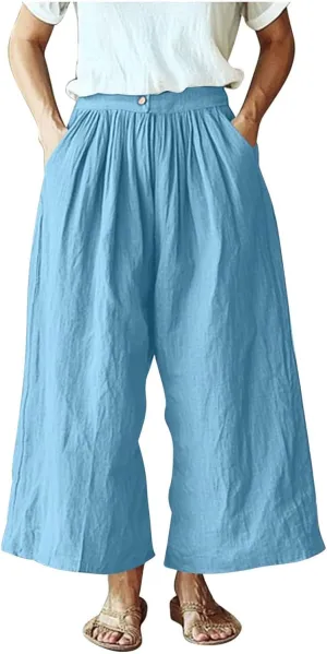 Womens Capri Pants with Pockets 2025 Summer Casual Wide Leg Trousers Cotton Linen Loose Lightweight Beach Pants Light Blue 2X