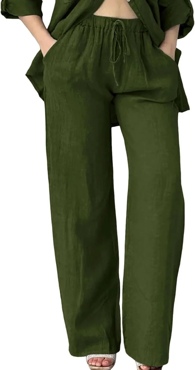 Womens Casual Cotton Linen Pants Lightweight Elastic Waist Pant Summer Beach Baggy Lounge Plain Drawstring Trousers