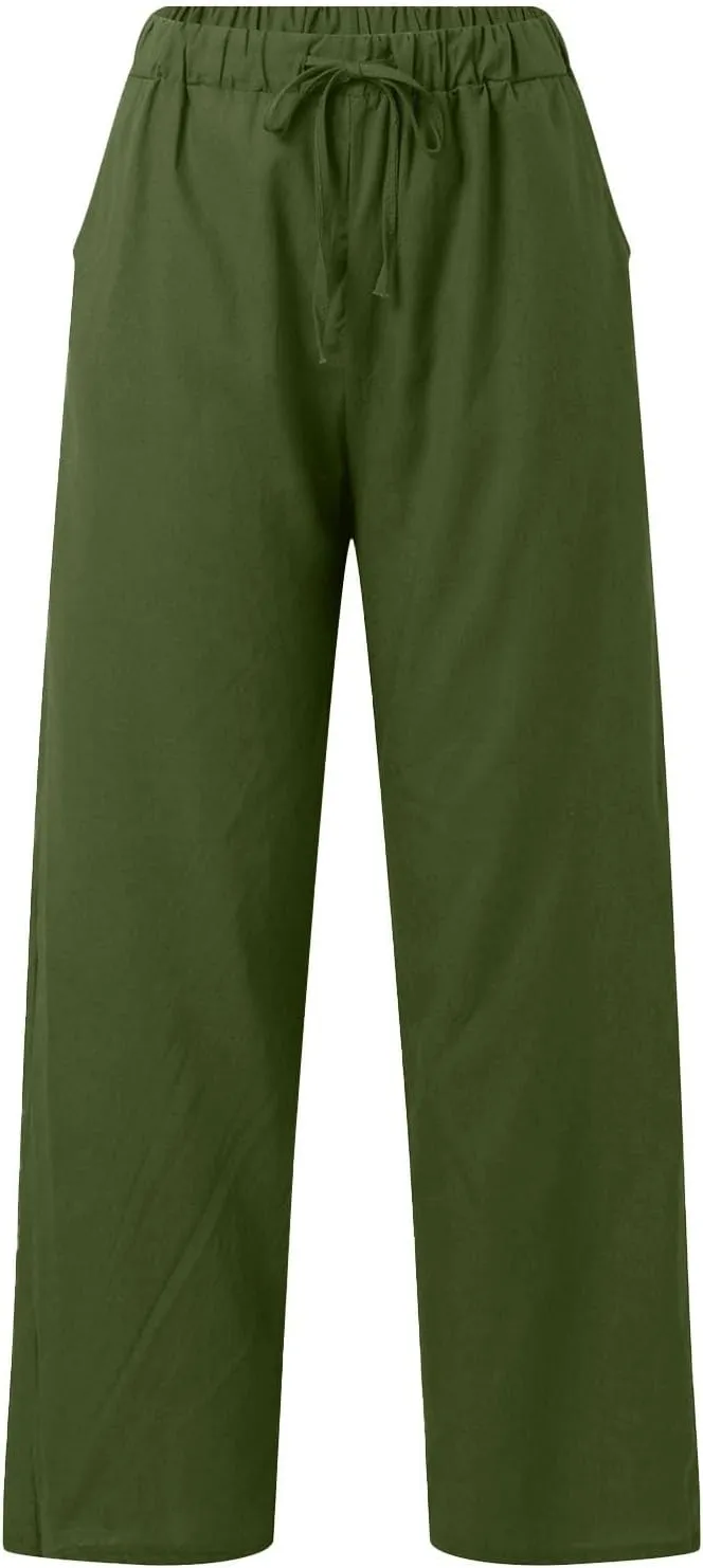 Womens Casual Cotton Linen Pants Lightweight Elastic Waist Pant Summer Beach Baggy Lounge Plain Drawstring Trousers