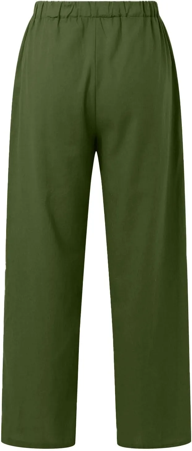 Womens Casual Cotton Linen Pants Lightweight Elastic Waist Pant Summer Beach Baggy Lounge Plain Drawstring Trousers