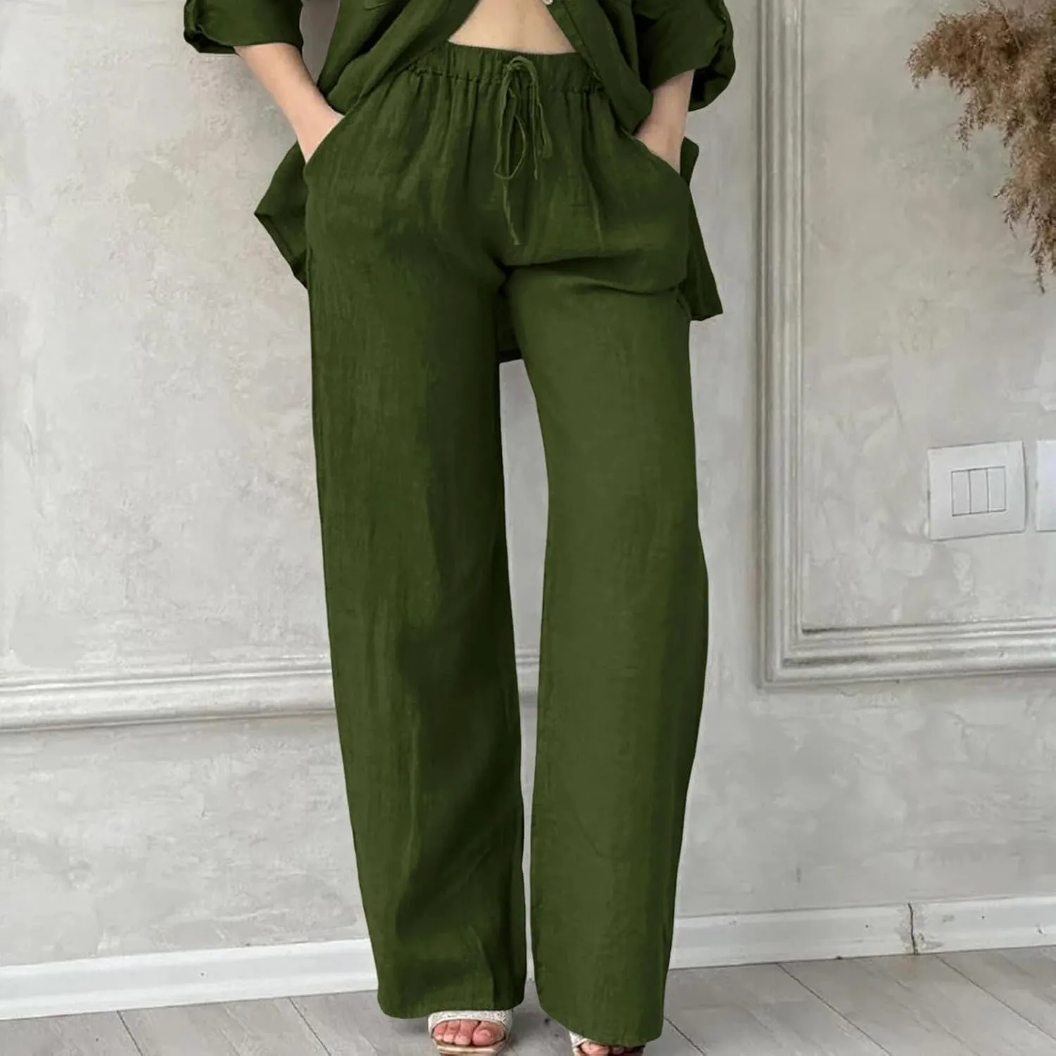 Womens Casual Cotton Linen Pants Lightweight Elastic Waist Pant Summer Beach Baggy Lounge Plain Drawstring Trousers