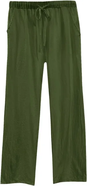 Womens Casual Cotton Linen Pants Lightweight Elastic Waist Pant Summer Beach Baggy Lounge Plain Drawstring Trousers