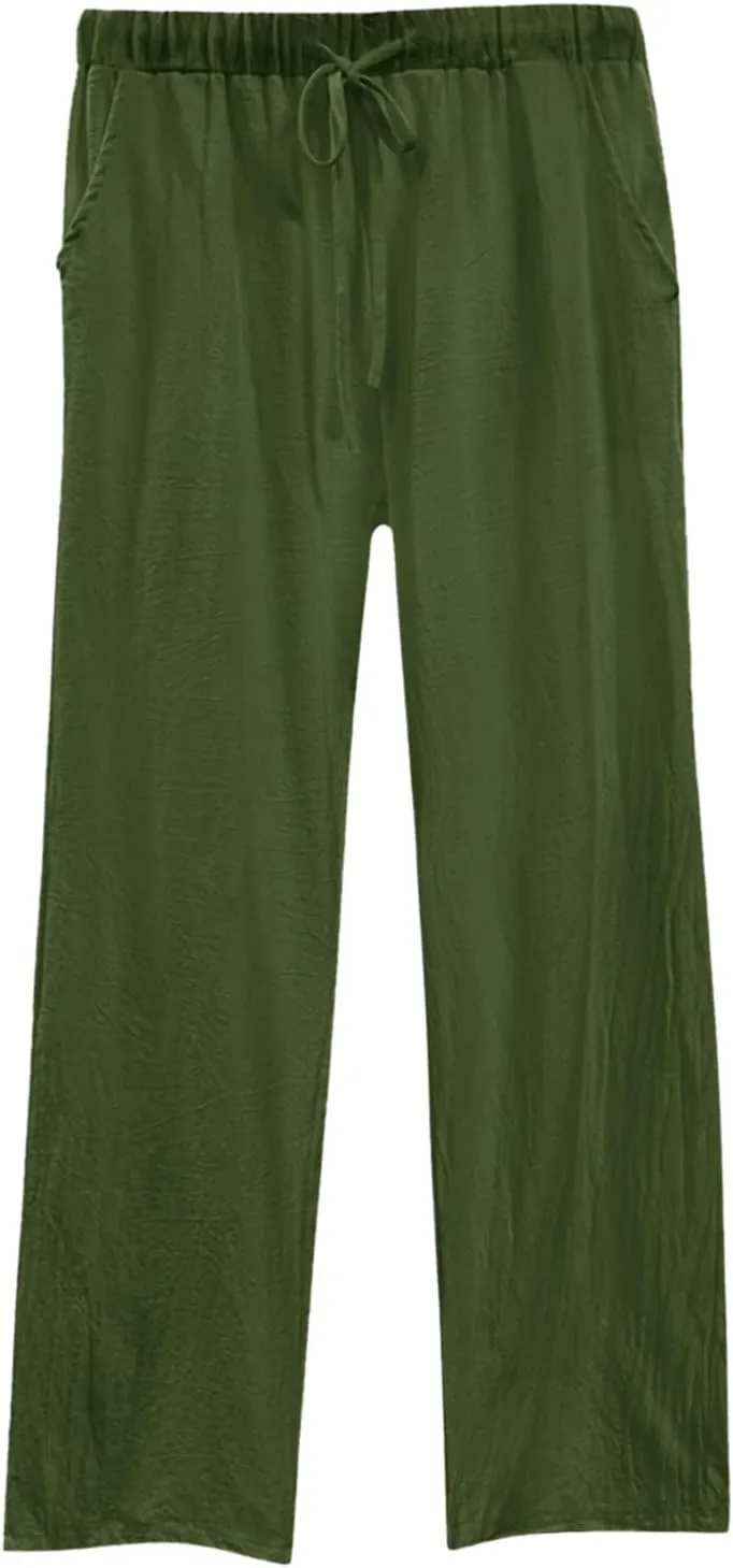 Womens Casual Cotton Linen Pants Lightweight Elastic Waist Pant Summer Beach Baggy Lounge Plain Drawstring Trousers