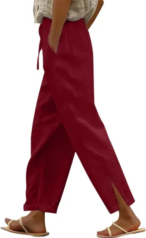 Womens Casual Cotton Linen Pants Lightweight Summer Relax Fit Elastic Waist Plus Size Solid Lounge Long Trousers
