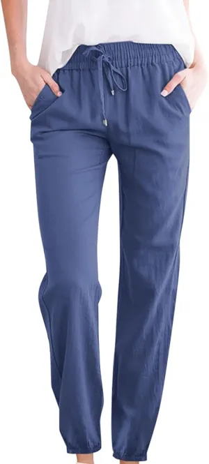 Women's Casual Cotton Linen Pants Lightweight Summer Relax Fit Elastic Waist Plus Size Solid Lounge Long Trousers