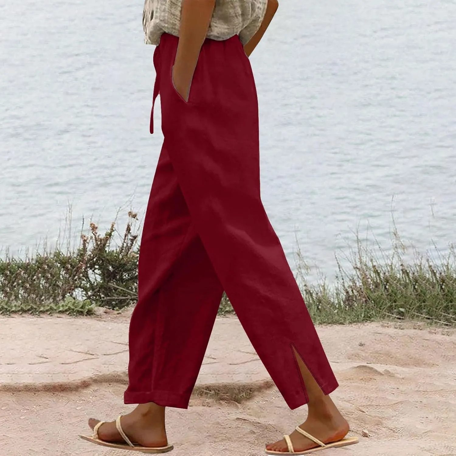 Womens Casual Cotton Linen Pants Lightweight Summer Relax Fit Elastic Waist Plus Size Solid Lounge Long Trousers
