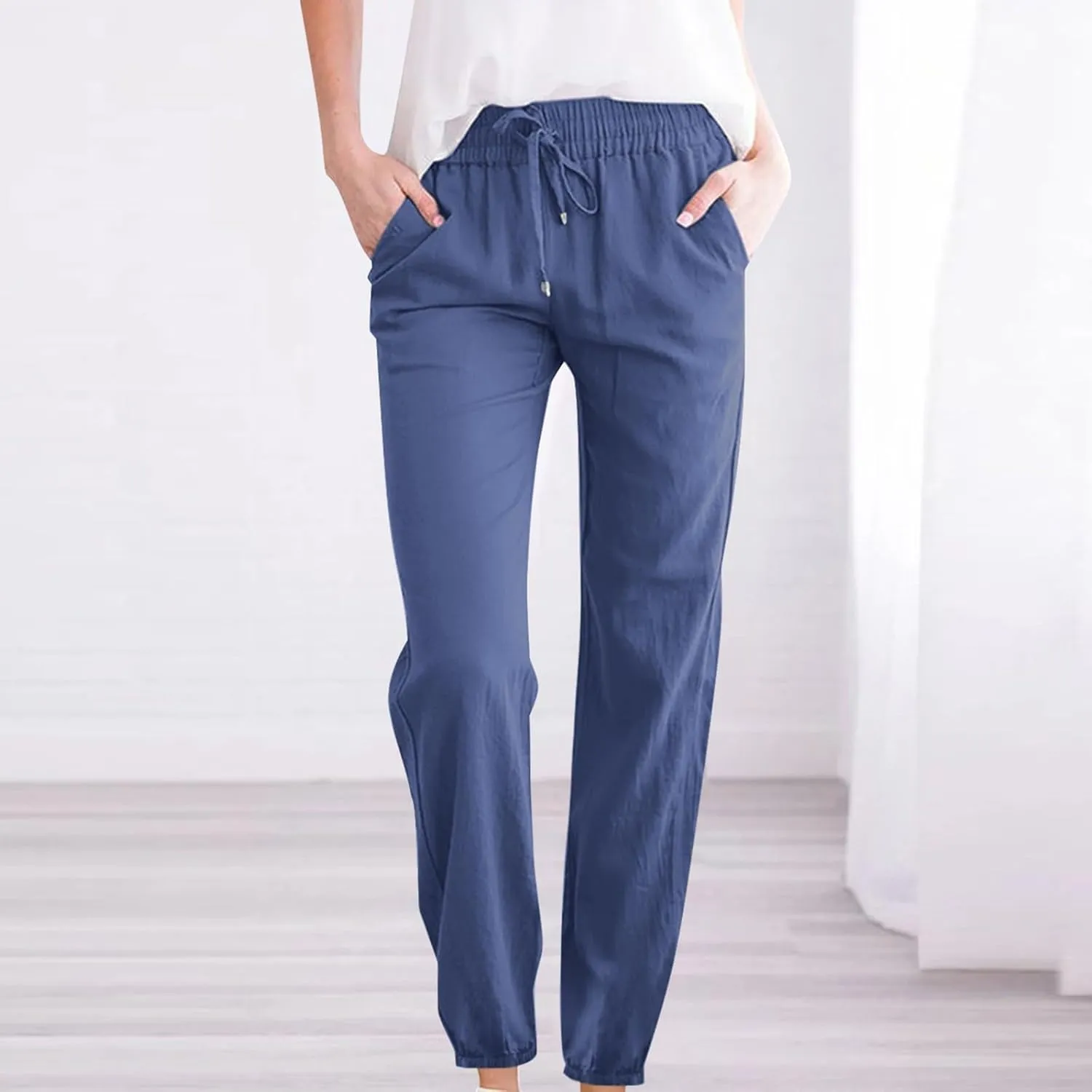 Women's Casual Cotton Linen Pants Lightweight Summer Relax Fit Elastic Waist Plus Size Solid Lounge Long Trousers