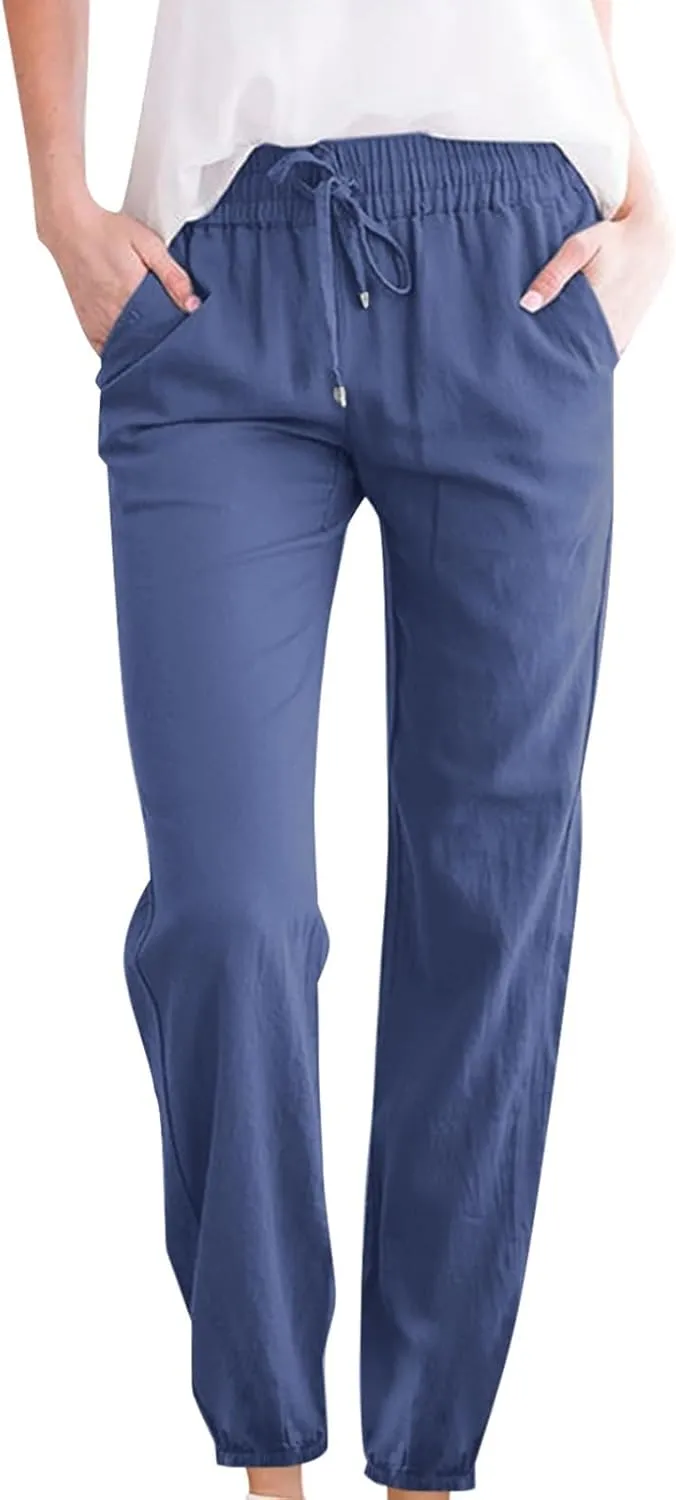 Women's Casual Cotton Linen Pants Lightweight Summer Relax Fit Elastic Waist Plus Size Solid Lounge Long Trousers
