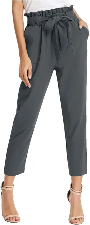 Womens Casual High Waist Pencil Pants with Pockets Bow-Knot Cropped Paper Bag Pants for Work