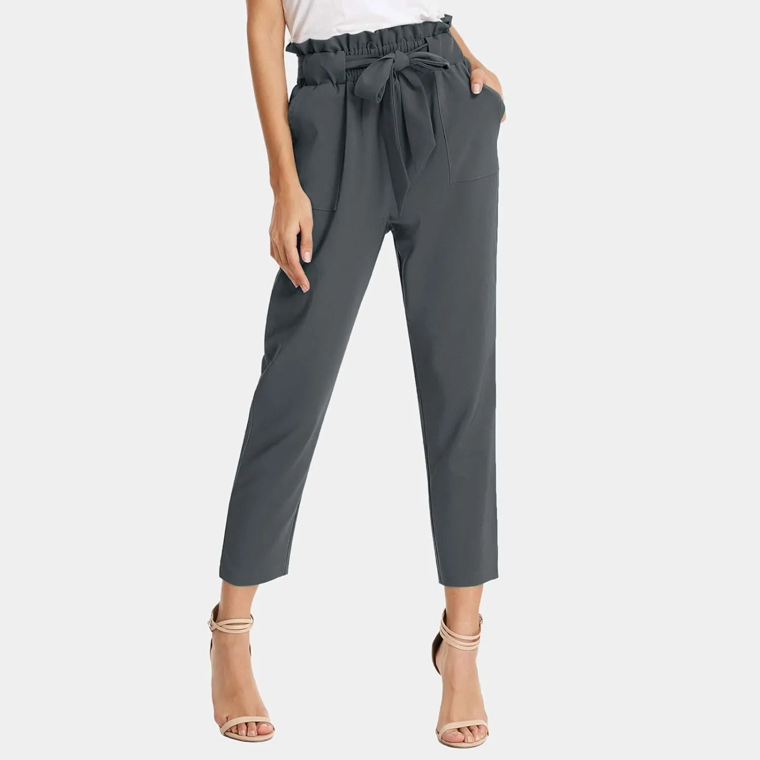 Womens Casual High Waist Pencil Pants with Pockets Bow-Knot Cropped Paper Bag Pants for Work
