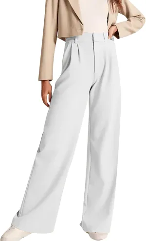 Womens Casual High Waist Straight Wide Leg Dress Pants Plus Size Stretchy Button Business Work Trousers with Pocket
