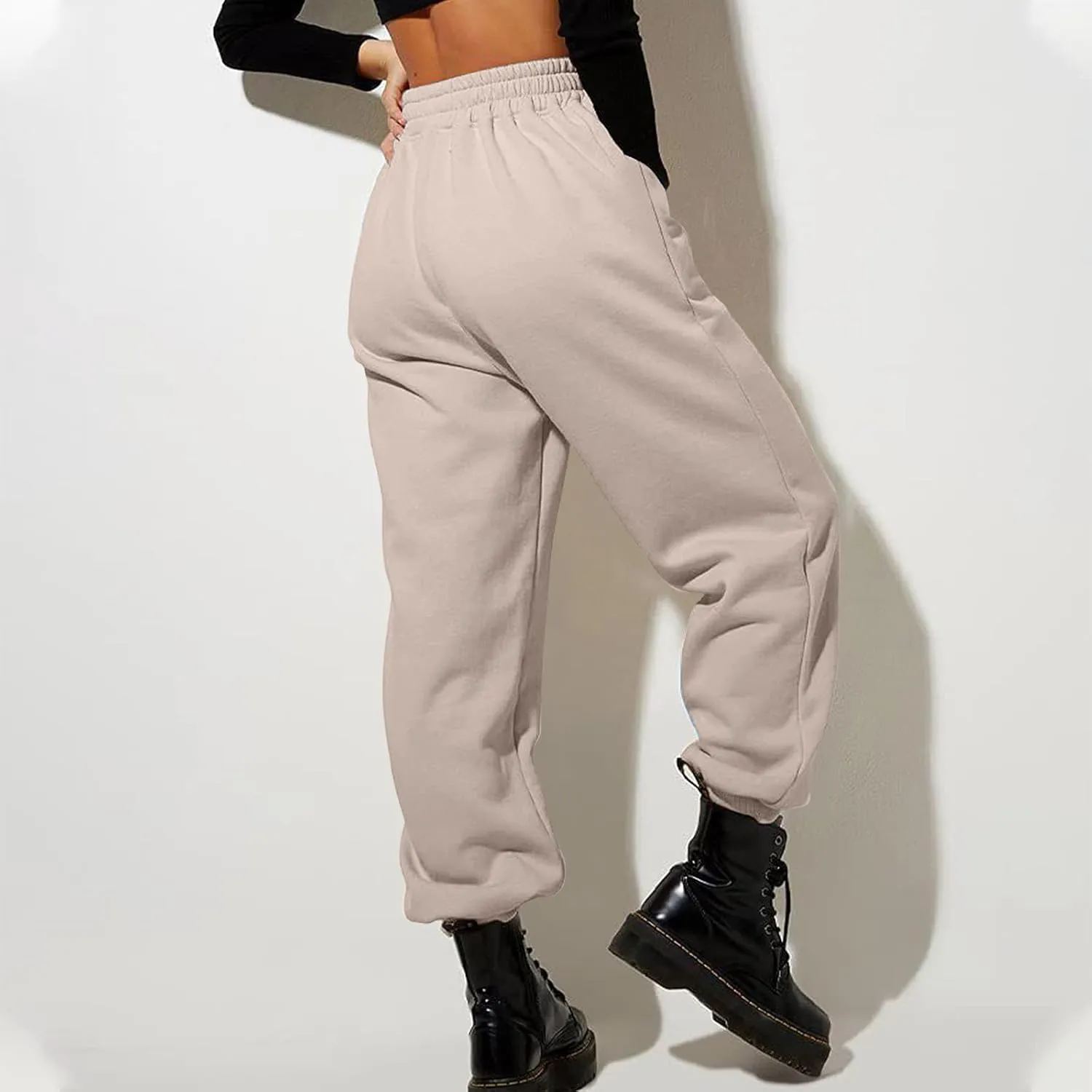 Womens Casual High Waist Trousers Elastic Waist Drawstring Long Pants Solid Color Sweatpants with Multi-Pockets