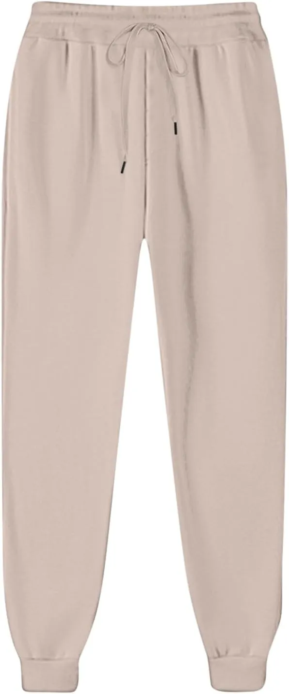 Womens Casual High Waist Trousers Elastic Waist Drawstring Long Pants Solid Color Sweatpants with Multi-Pockets
