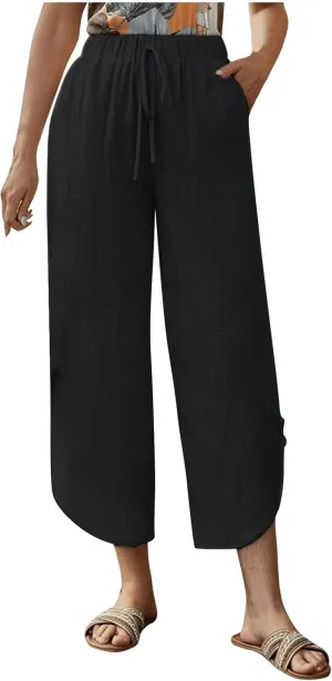 Womens Casual Linen High Waist Pants Drawstring Loose Fit Pants Trousers with Side Pockets