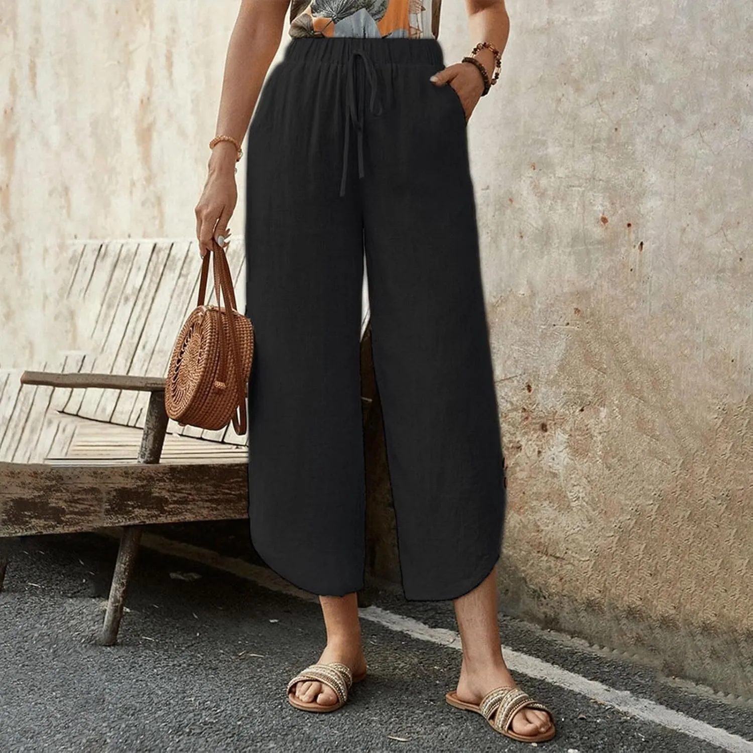 Womens Casual Linen High Waist Pants Drawstring Loose Fit Pants Trousers with Side Pockets
