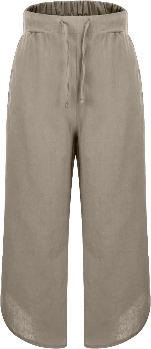 Womens Casual Linen High Waist Pants Drawstring Loose Fit Pants Trousers with Side Pockets