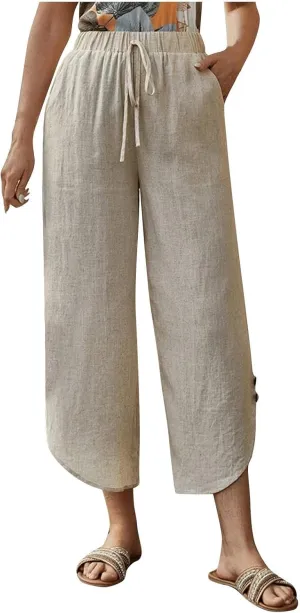 Womens Casual Linen High Waist Pants Drawstring Loose Fit Pants Trousers with Side Pockets