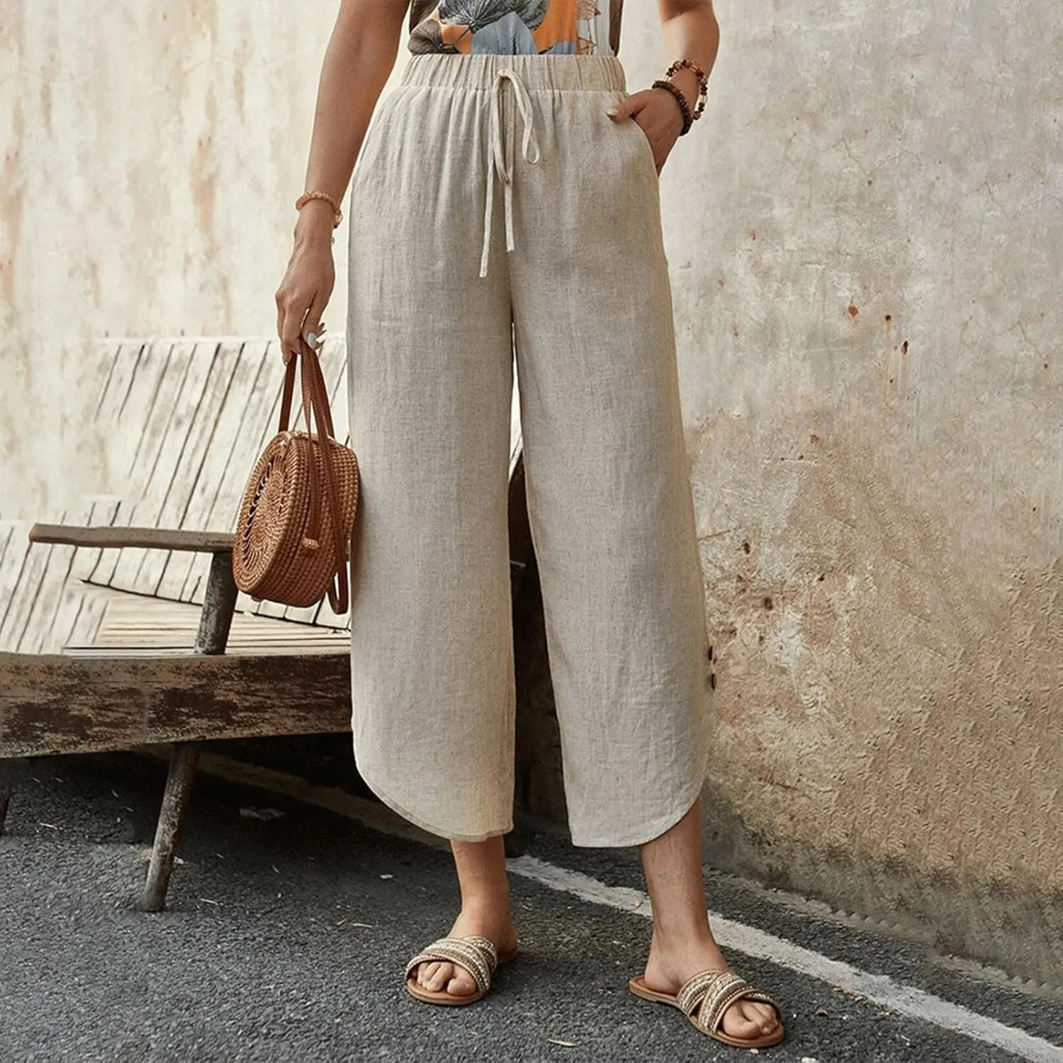 Womens Casual Linen High Waist Pants Drawstring Loose Fit Pants Trousers with Side Pockets