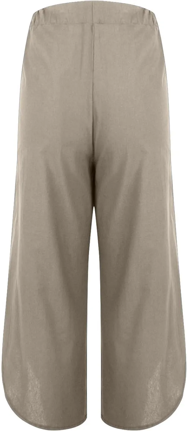 Womens Casual Linen High Waist Pants Drawstring Loose Fit Pants Trousers with Side Pockets