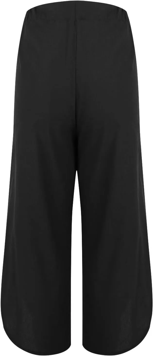 Womens Casual Linen High Waist Pants Drawstring Loose Fit Pants Trousers with Side Pockets