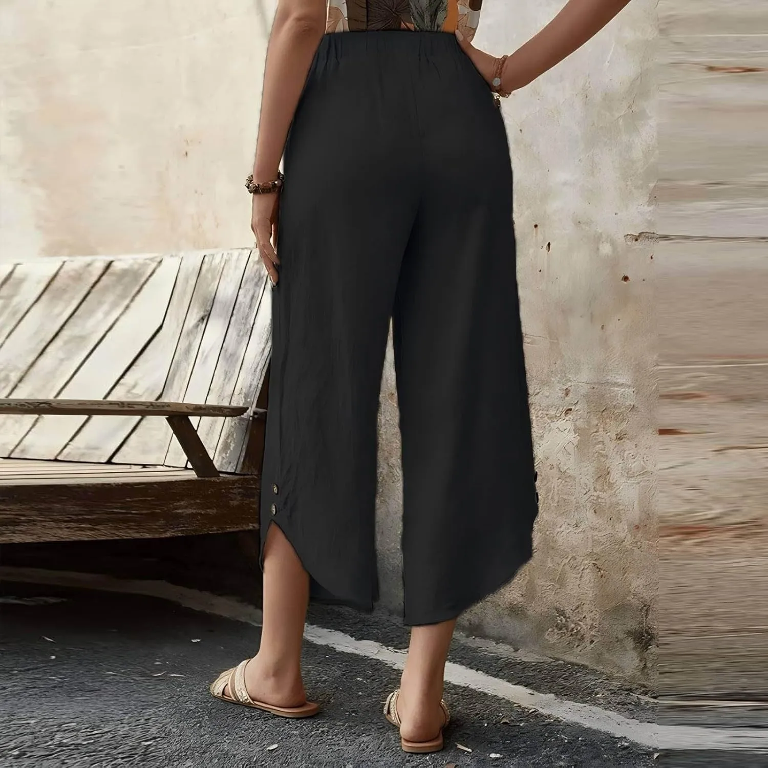 Womens Casual Linen High Waist Pants Drawstring Loose Fit Pants Trousers with Side Pockets