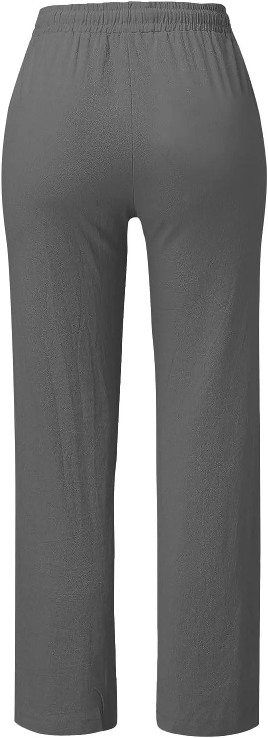 Womens Casual Linen High Waist Pants Drawstring Loose Fit Summer Pants Trousers with Side Button Pockets