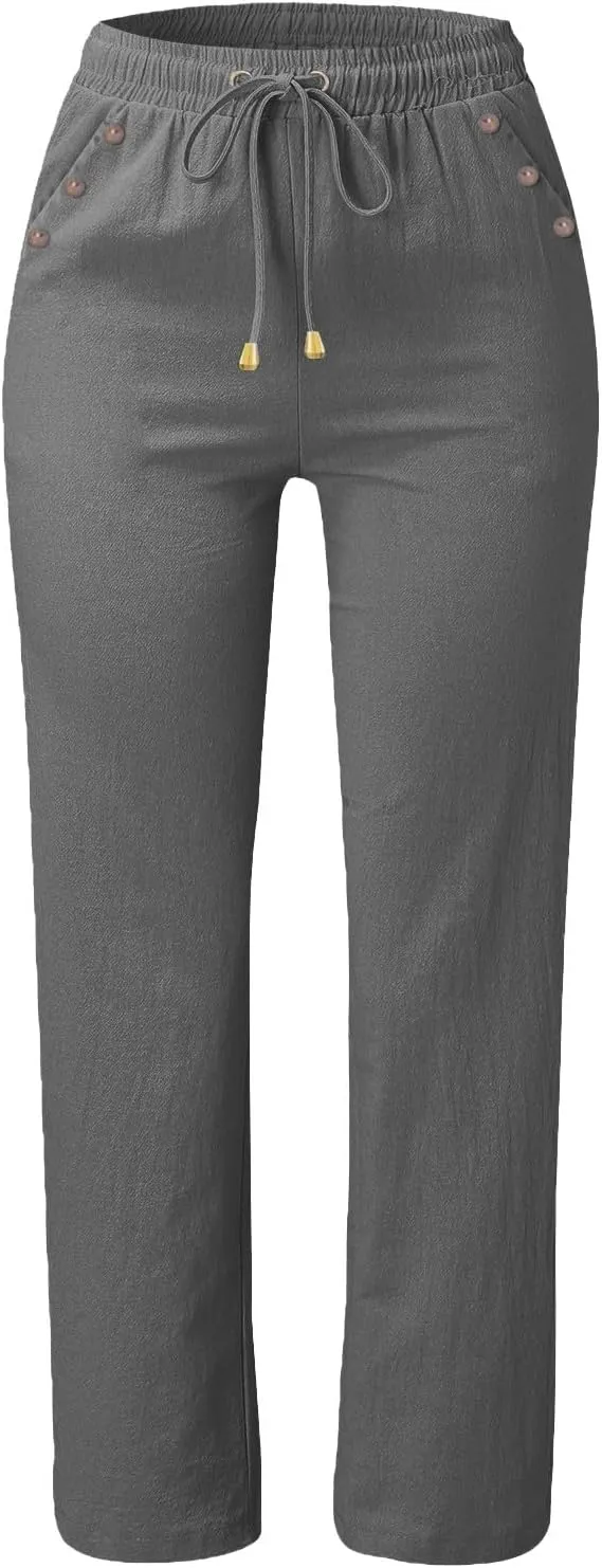 Womens Casual Linen High Waist Pants Drawstring Loose Fit Summer Pants Trousers with Side Button Pockets