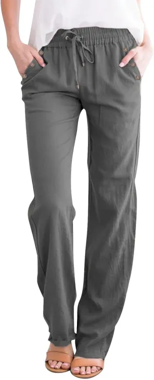 Womens Casual Linen High Waist Pants Drawstring Loose Fit Summer Pants Trousers with Side Button Pockets