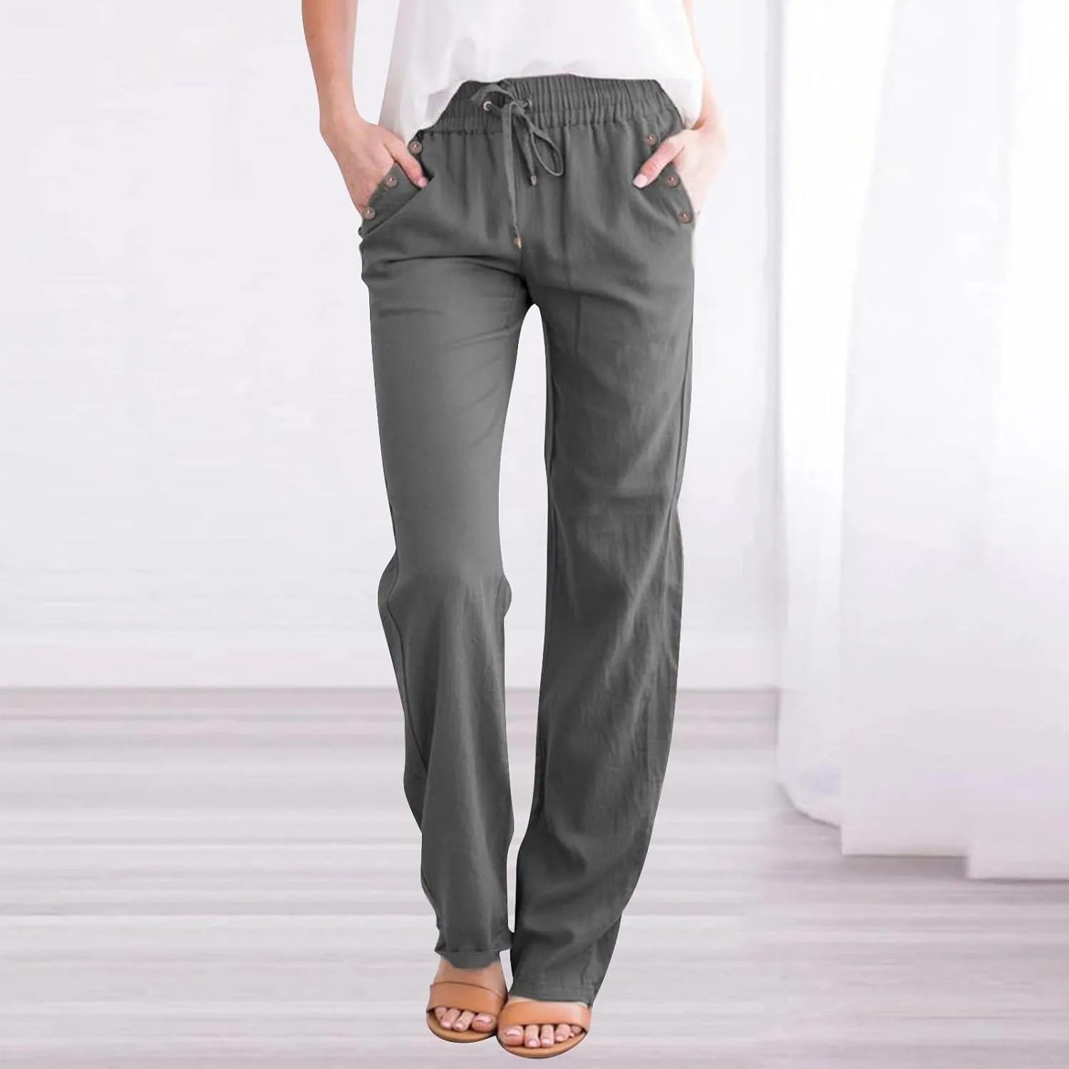 Womens Casual Linen High Waist Pants Drawstring Loose Fit Summer Pants Trousers with Side Button Pockets