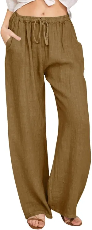 Womens Casual Linen High Waist Pants Drawstring Loose Fit Summer Pants Trousers with Side Pockets