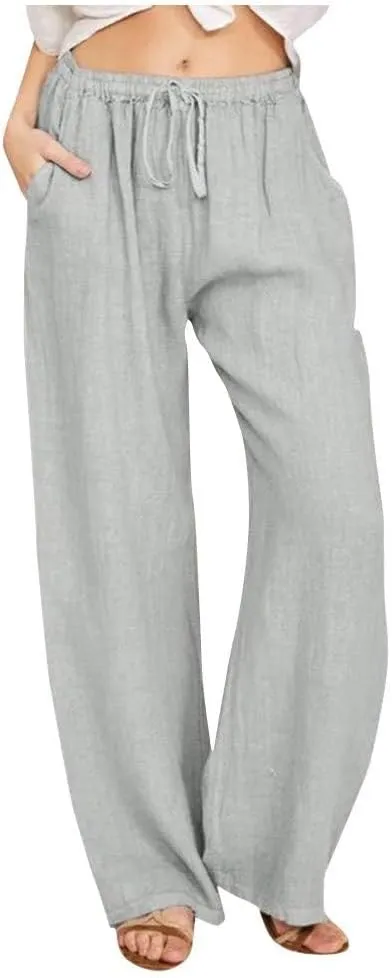 Womens Casual Linen High Waist Pants Drawstring Loose Fit Summer Pants Trousers with Side Pockets
