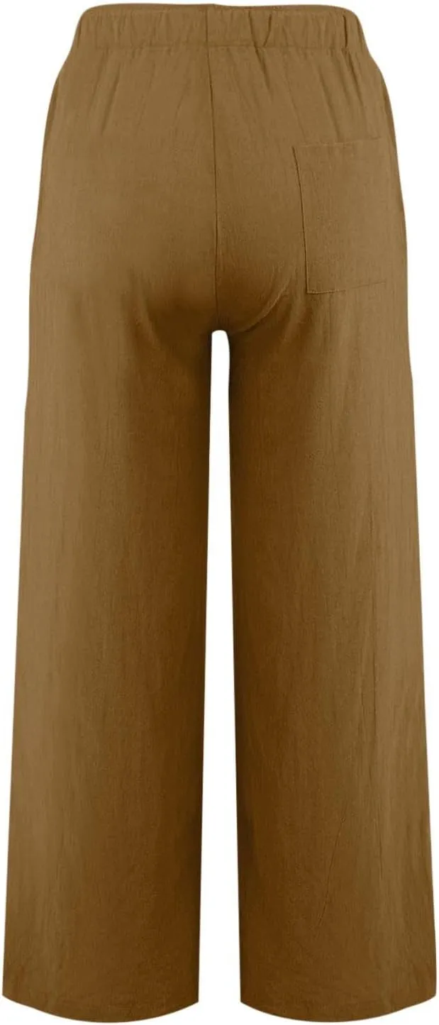 Womens Casual Linen High Waist Pants Drawstring Loose Fit Summer Pants Trousers with Side Pockets