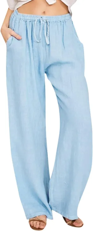 Womens Casual Linen High Waist Pants Drawstring Loose Fit Summer Pants Trousers with Side Pockets