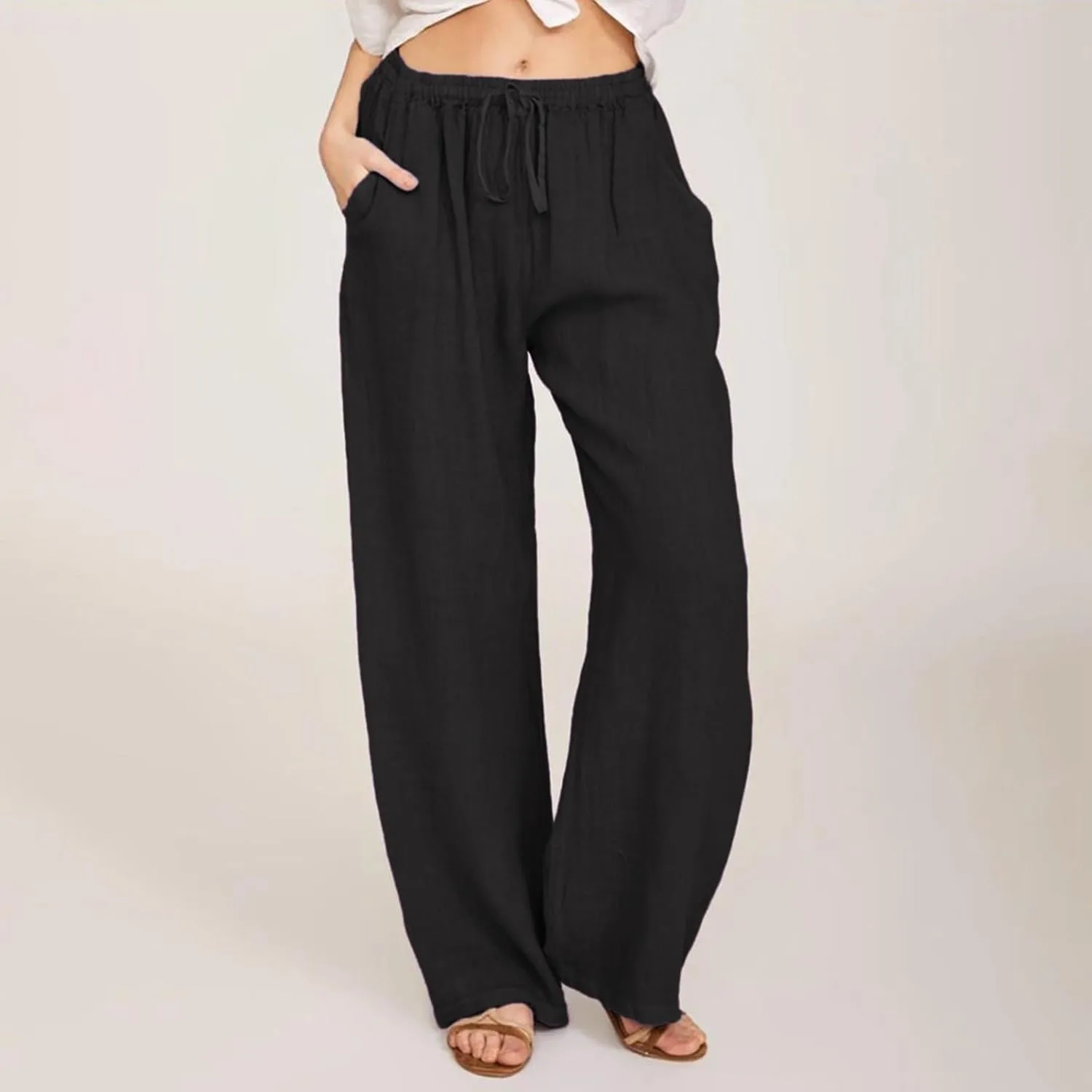 Womens Casual Linen High Waist Pants Drawstring Loose Fit Summer Pants Trousers with Side Pockets