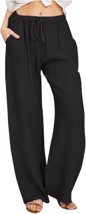 Womens Casual Linen High Waist Pants Drawstring Loose Fit Summer Pants Trousers with Side Pockets