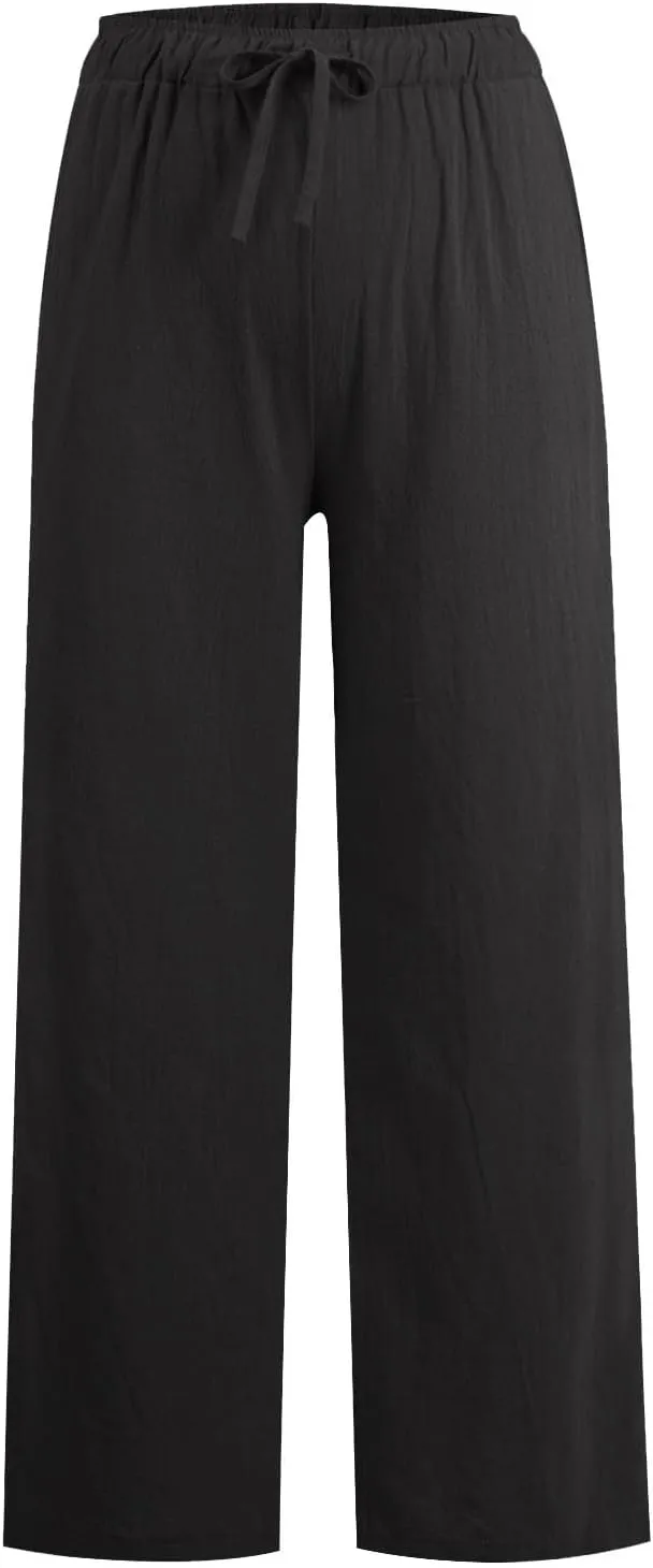 Womens Casual Linen High Waist Pants Drawstring Loose Fit Summer Pants Trousers with Side Pockets