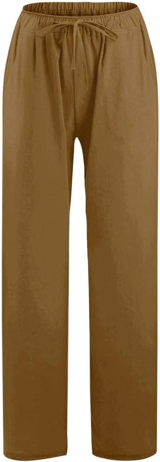 Womens Casual Linen High Waist Pants Drawstring Loose Fit Summer Pants Trousers with Side Pockets
