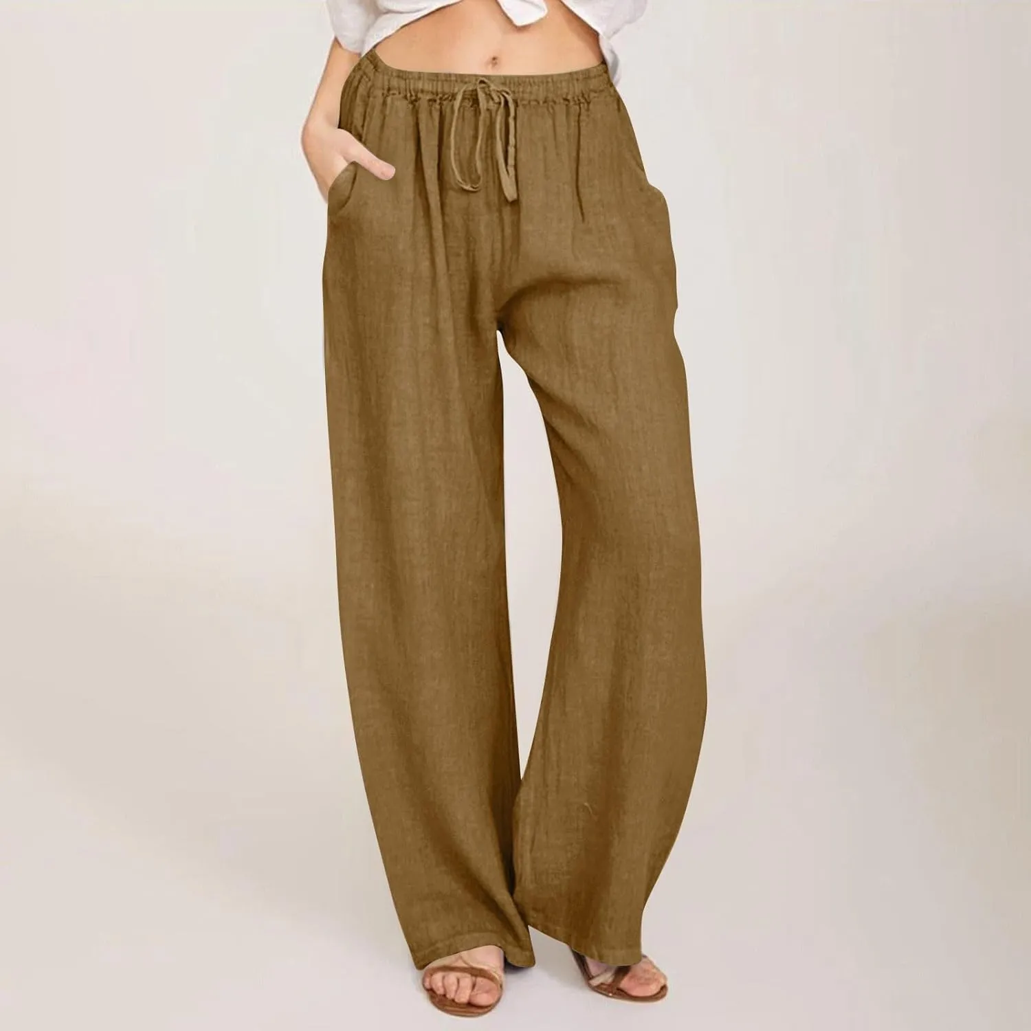 Womens Casual Linen High Waist Pants Drawstring Loose Fit Summer Pants Trousers with Side Pockets