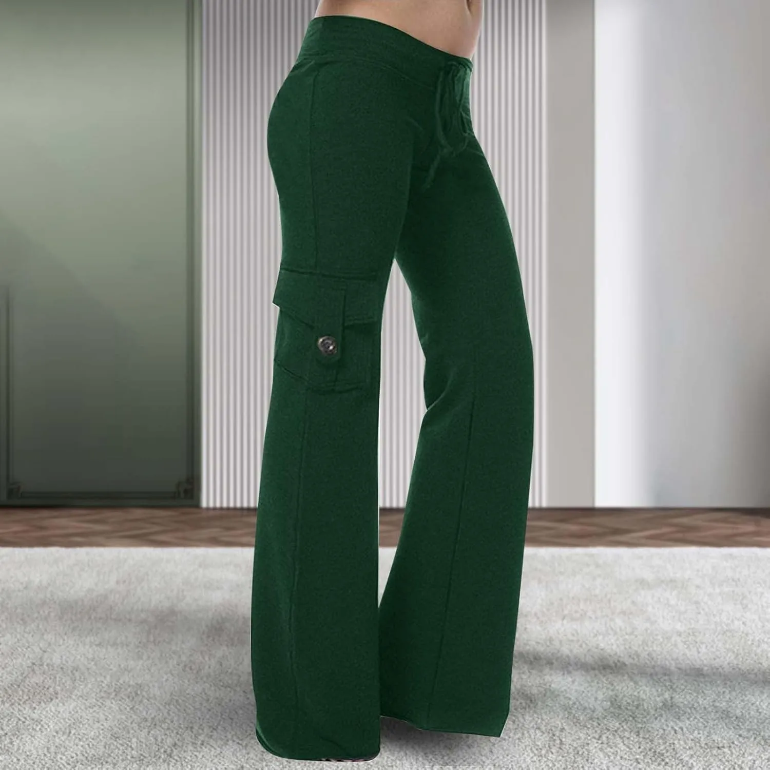 Women's Casual Pants Stretchy Wide Leg Fashion Pants Loose Retro Drawstring Long Straight Trousers with Pockets