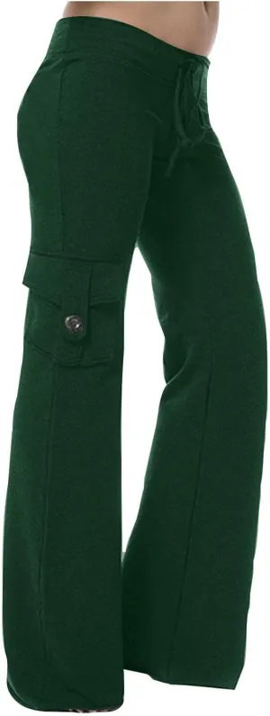 Women's Casual Pants Stretchy Wide Leg Fashion Pants Loose Retro Drawstring Long Straight Trousers with Pockets