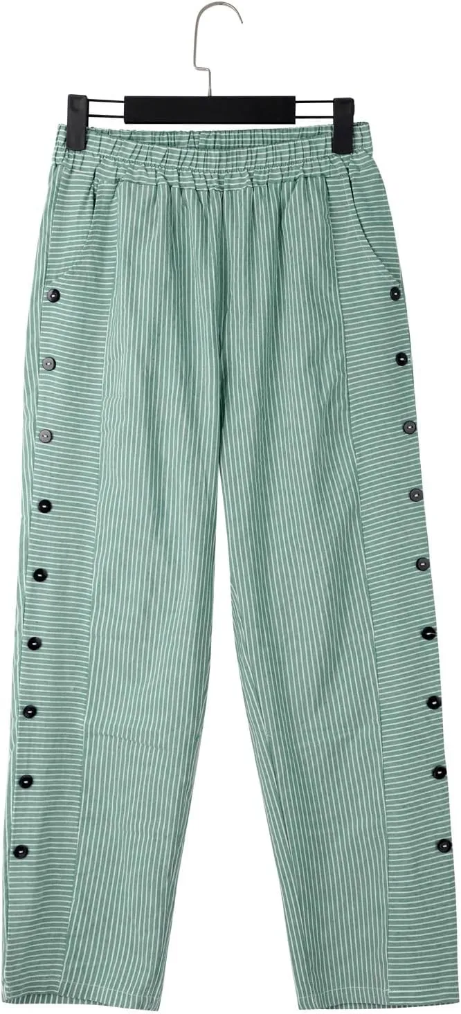 Women's Casual Pants Striped Side Button Elastic Waist Trendy Pants Straight Leg Baggy Trousers with Pocket