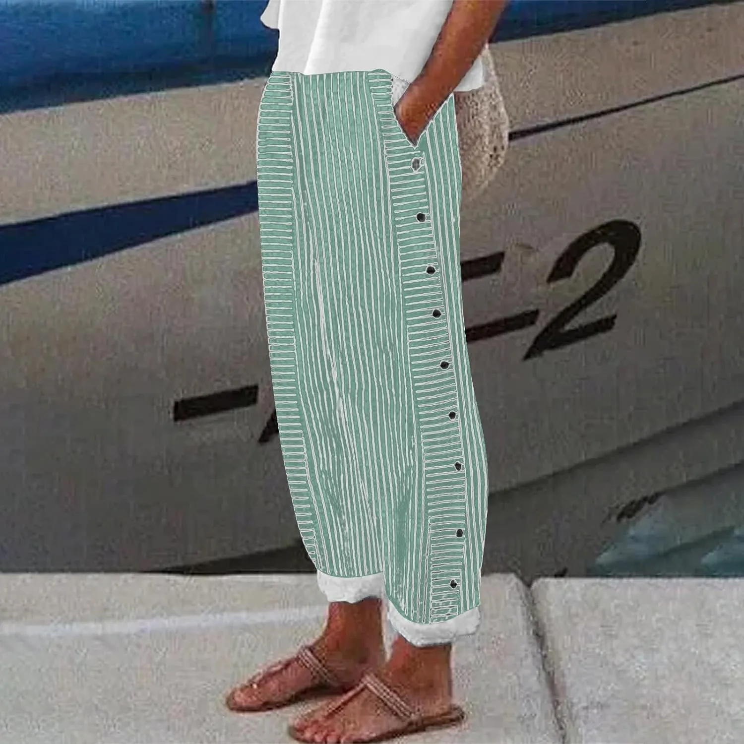 Women's Casual Pants Striped Side Button Elastic Waist Trendy Pants Straight Leg Baggy Trousers with Pocket