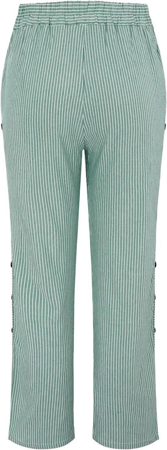 Women's Casual Pants Striped Side Button Elastic Waist Trendy Pants Straight Leg Baggy Trousers with Pocket