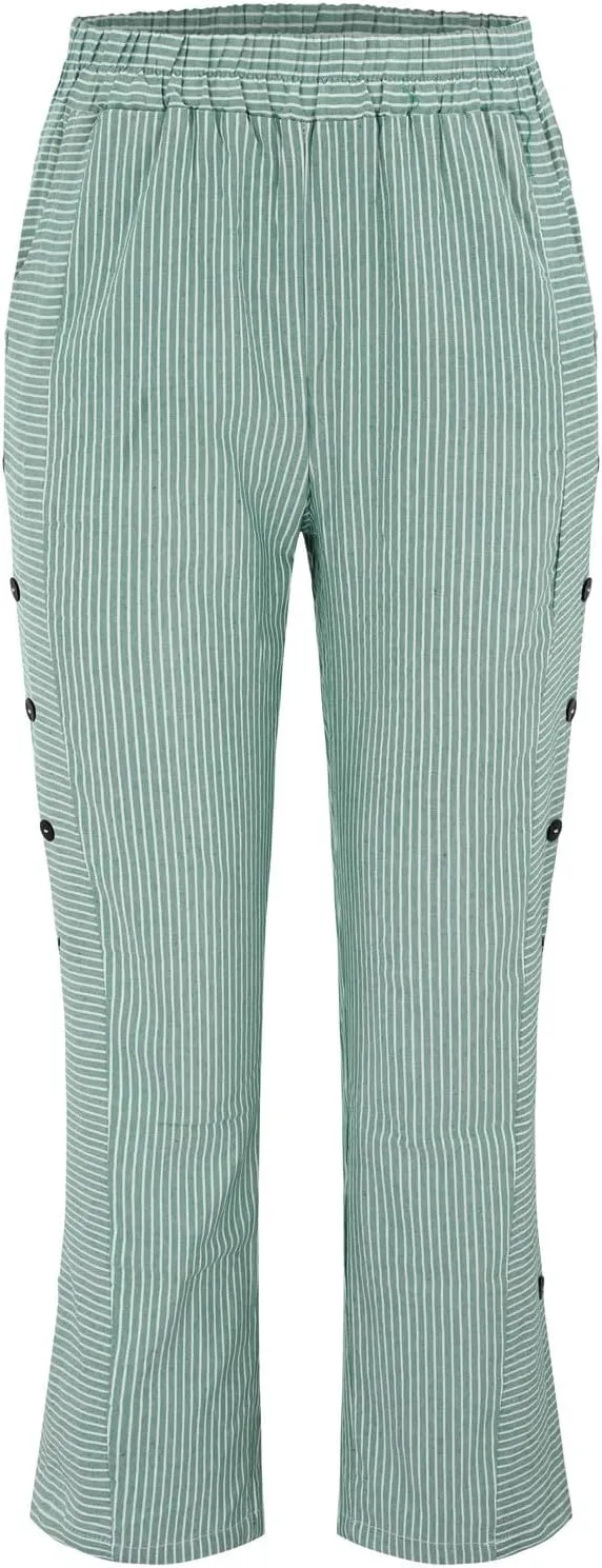 Women's Casual Pants Striped Side Button Elastic Waist Trendy Pants Straight Leg Baggy Trousers with Pocket