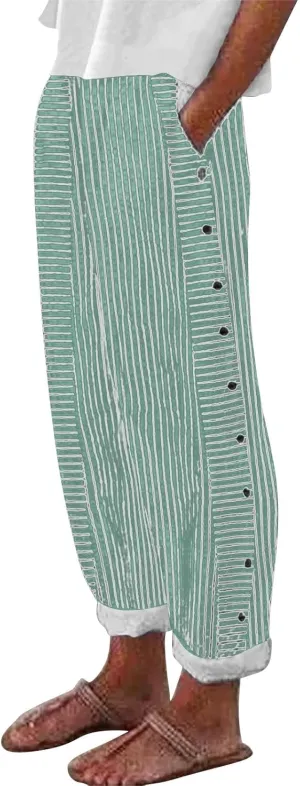 Women's Casual Pants Striped Side Button Elastic Waist Trendy Pants Straight Leg Baggy Trousers with Pocket