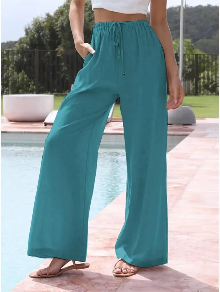Womens Cotton Linen Palazzo Pants Casual Wide Leg Trousers with Pockets Drawstring Elastic High Waist Long Pant