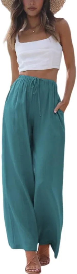 Womens Cotton Linen Palazzo Pants Casual Wide Leg Trousers with Pockets Drawstring Elastic High Waist Long Pant