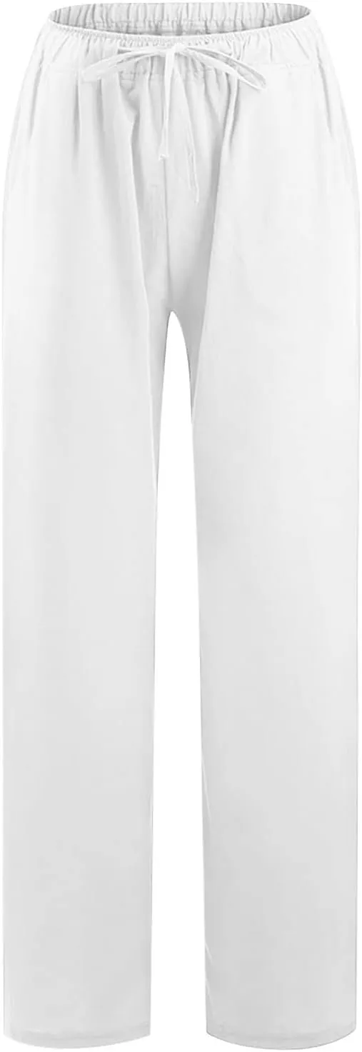 Women's Cotton Linen Palazzo Pants Elastic Waisted Wide Leg Pants with Pockets Summer Beach Trousers Casual Pant