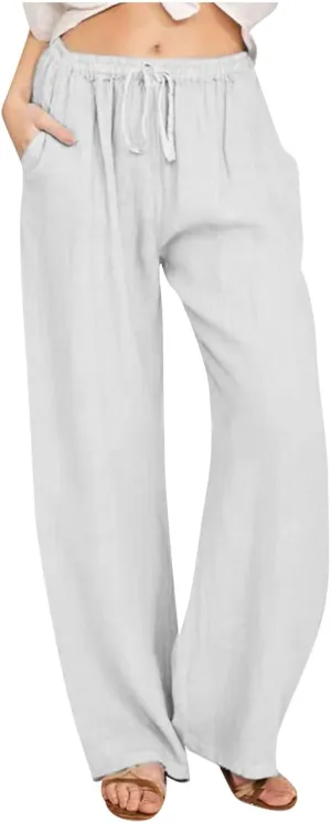 Women's Cotton Linen Palazzo Pants Elastic Waisted Wide Leg Pants with Pockets Summer Beach Trousers Casual Pant
