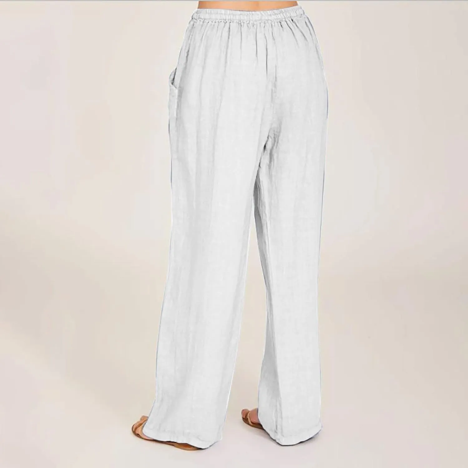 Women's Cotton Linen Palazzo Pants Elastic Waisted Wide Leg Pants with Pockets Summer Beach Trousers Casual Pant